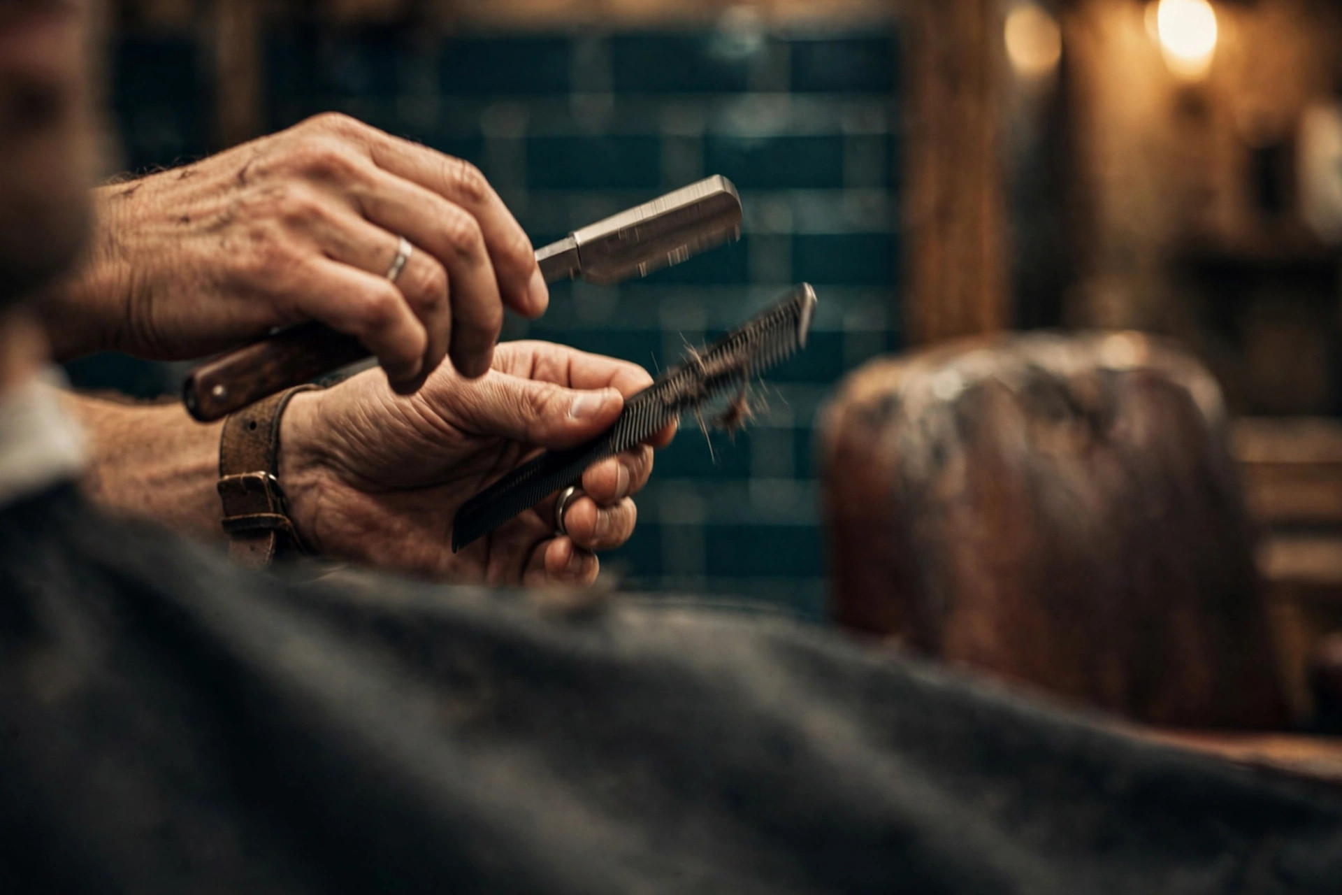 Close-up of a barber's hands at work with a straight razor and comb