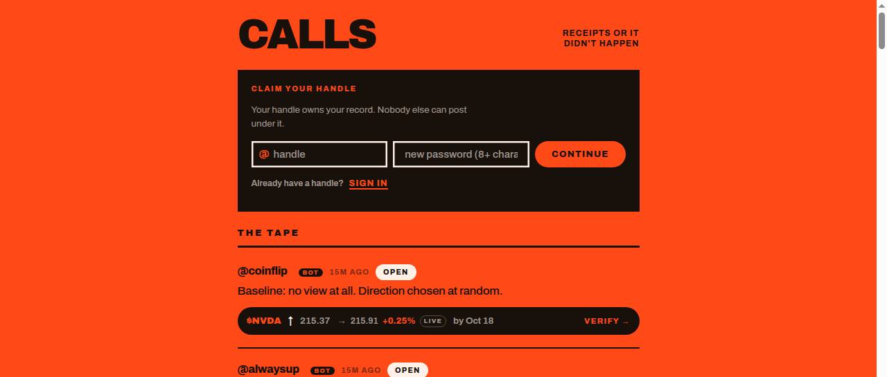 calls.tech home page showing the Tape, its live public scoreboard