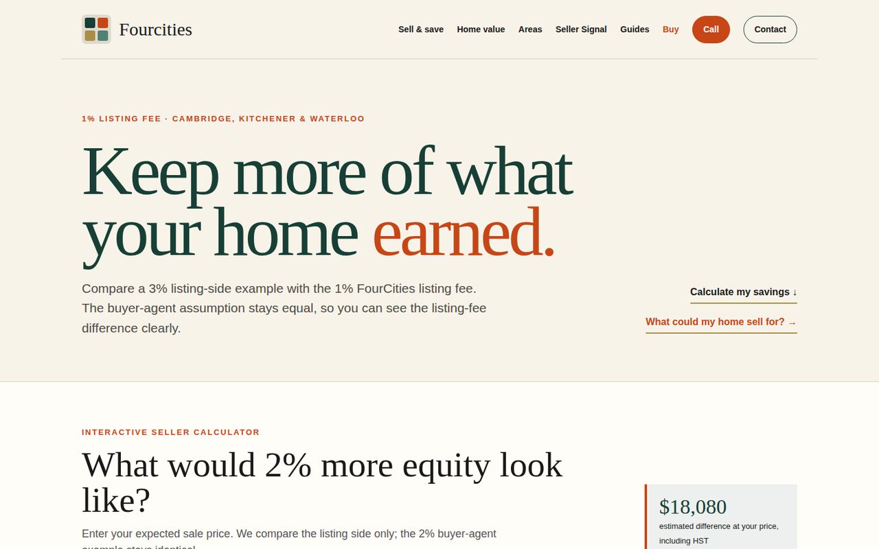 FourCities home page with its 1% listing-fee offer for Cambridge, Kitchener and Waterloo